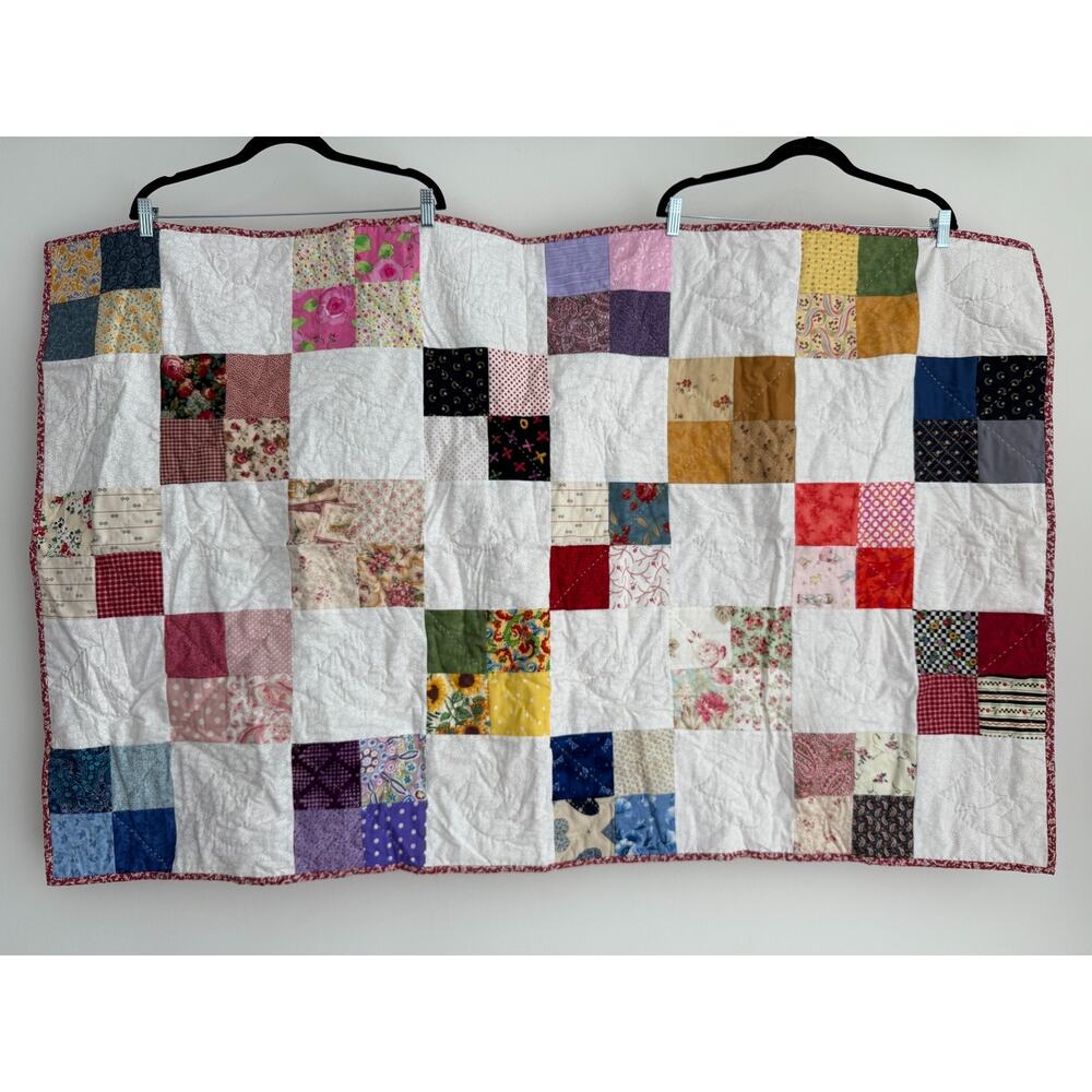 Handmade Vintage Scrappy‎ Patchwork Quilt 56x35" Cotton Cottage Granola Boho